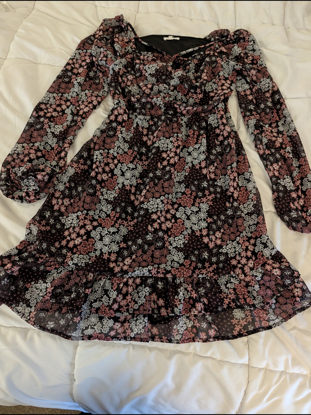 Maurices Black Floral V-Neck Ruffle Mini Dress